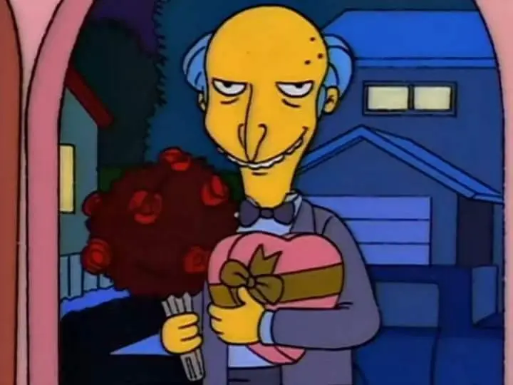 señor burns con flores y chocolates - Qué día es el cumpleaños del señor Burns